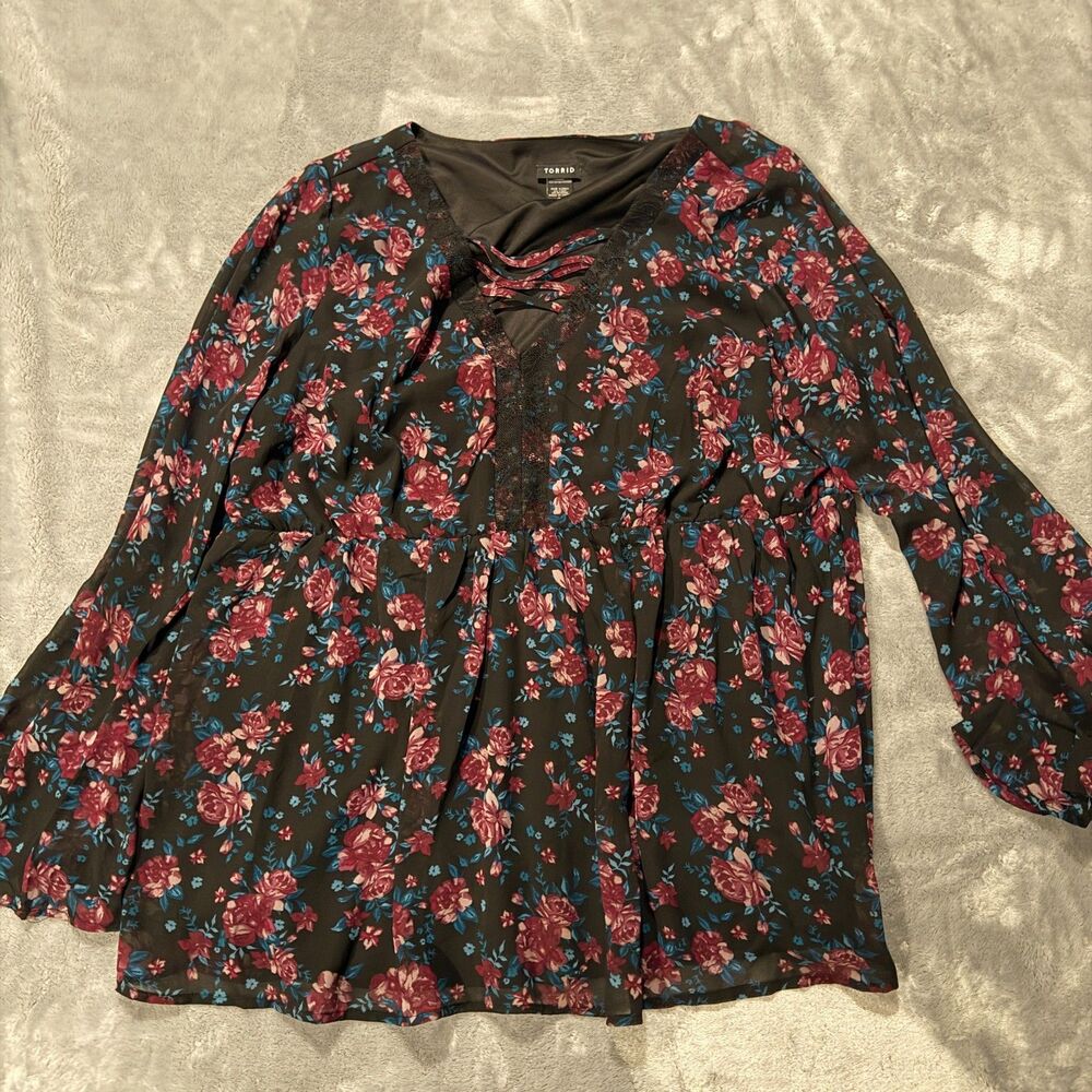 Torrid Lace-Up Bell Sleeve Floral Blouse